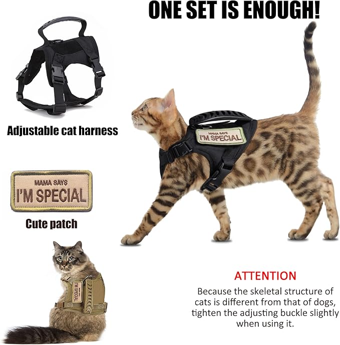 Tactical Cat Harness for Walking Escape Proof, Adjustable Pet Vest Harness, Soft Mesh with Control Handle for Large Cat Small Dog, Gift with Patch