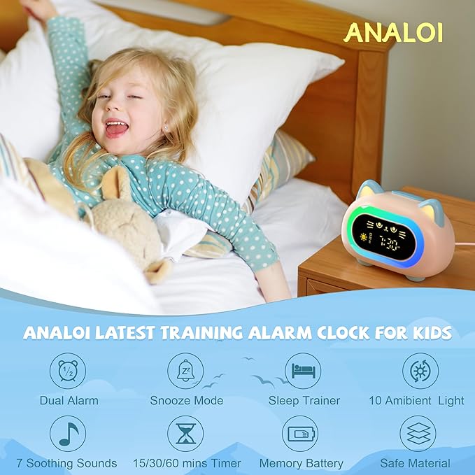 Alarm Clocks for Bedrooms, Kids Alarm Clock with Dual Alarm Snooze Mode 10 Color Night Light Sleep Training Eye Protection Auto Off Timer Blue Cat, Gift for Kids, Adults, Teens