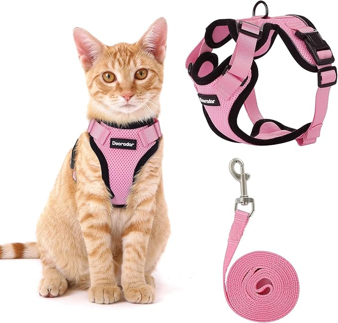 Dooradar Cat Harness and Leash Set, Escape Proof Safe Adjustable Kitten Vest Harnesses for Walking, Easy Control Soft Breathable Mesh Jacket with Reflective Strips for Cats, Pink, XXS