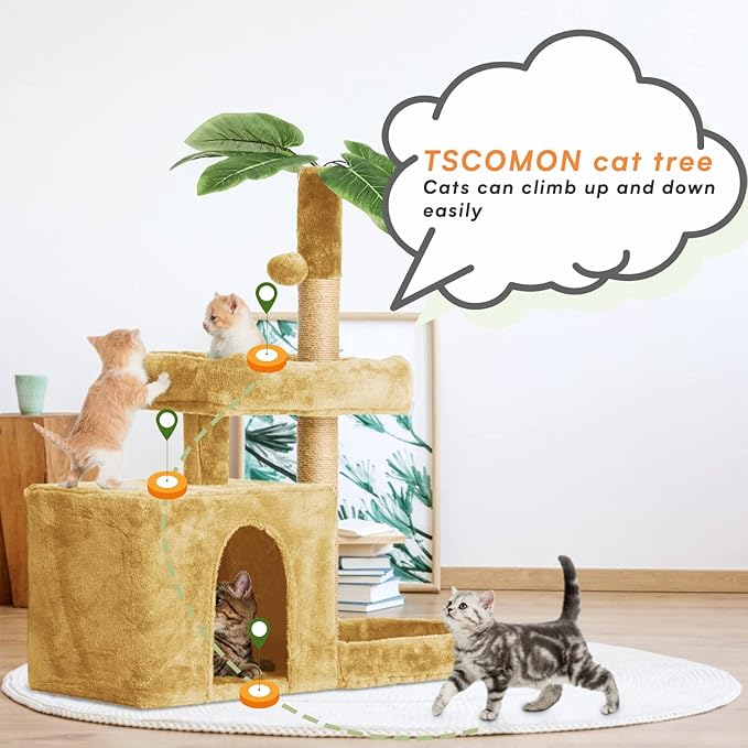31.5" Cat Tree Cat Tower for Indoor Cats with Green Leaves, Cat Condo Cozy Plush Cat House with Hang Ball and Leaf Shape Design, Cat Furniture Pet House with Cat Scratching Posts, Beige