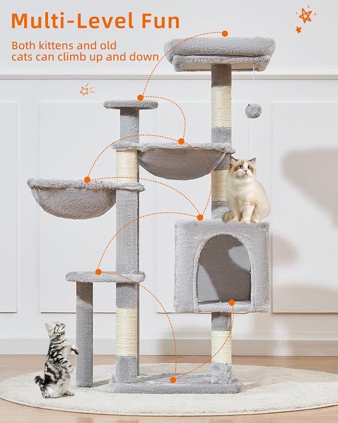 Taoqimiao Cat Tree, 48-Inch Cat Tower for Kittens, Cat Tree Tower with 5 Scratching Posts, Plush Cat Condo with Plush Perch, 2 Hammock, Pompoms, Light Gray MS019L-W