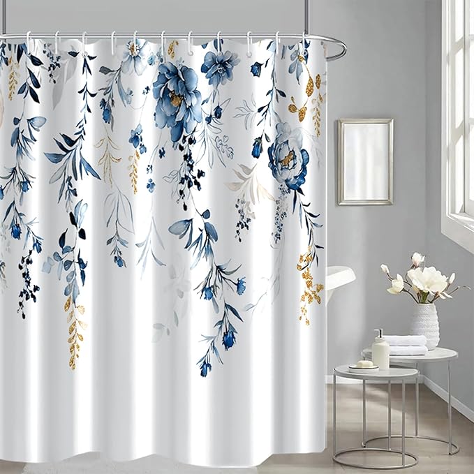 AWERT Blue Plants Shower Curtain with Hooks Watercolor Leaves Shower Curtain for Bathroom Waterproof Bathroom Accessories Bathtub Decor 72x72inch