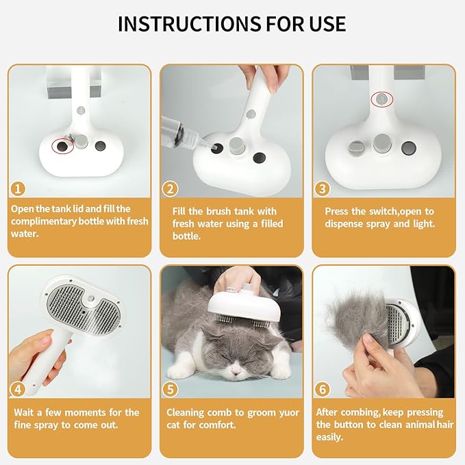3 in 1 Cat Brush for Shedding - Spray Pet Hair Removal Comb with Water Tank and Release Button - Steamy Cat Brush - Pet Spray Hair Comb for Dogs and Cats