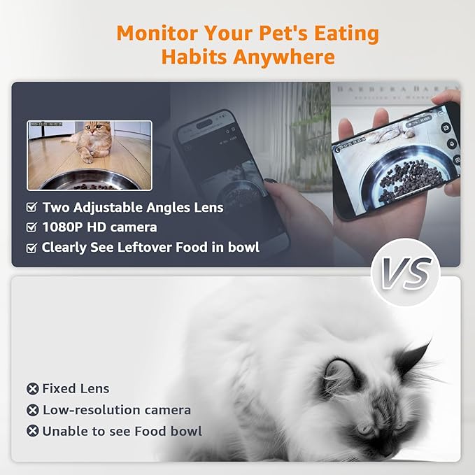 Automatic Cat Feeder with Adjustable Camera for 2 Cats, 5G WiFi 6L Smart Cat Food Dispenser, 1080P HD Video with Night Vision, Pet Feeder with 2-Way Audio for Cats&Dogs, Food Blockage & Motion Alerts