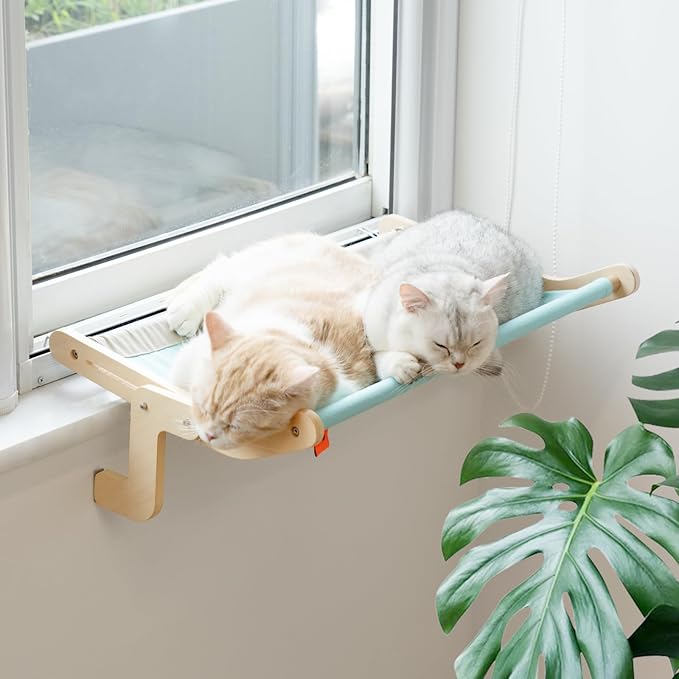 MEWOOFUN Cat Window Perch Lounge Mount Hammock Window Seat Bed Shelves for Indoor Cats No Drilling No Suction Cup (Large Blue/Grey)