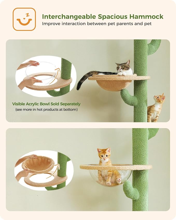 PETEPELA Floor to Ceiling Cat Tree [87"-100"] Height Adjustable, 5 Levels Cactus Cat Tower with Cat Perch&Replaceable Hammock(Visible Acrylic Bowl), 4.1" Super Robust Cat Scratcher Green