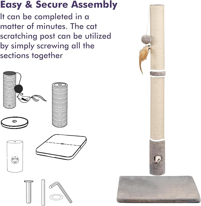 Cat Scratching Post with Premium Sisal Rope for Indoor 34in Tall Scratcher Post Tree with Mouse Hole, Hanging Ball for Adult Cats and Kittens