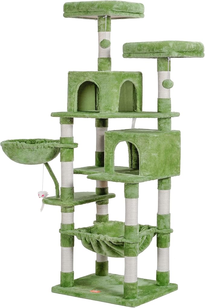 Heybly Cat Tree, 70 inches Tall Cat Tower condo with Toy for Indoor Large Cats, Cat House Furniture with Padded Plush Perch，Cozy Hammock and Sisal Scratching Posts,Green HCT032GR