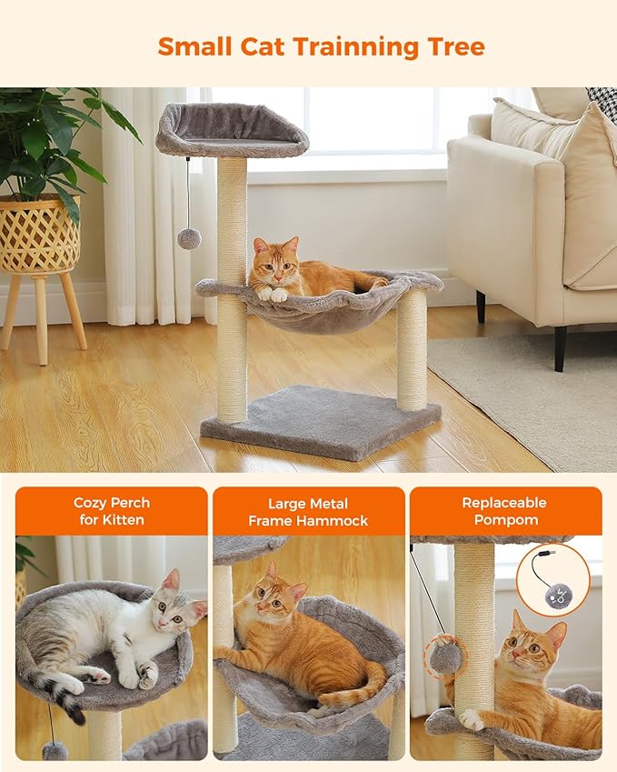 Cat Tree 28" Cat Scratching Post with 15.7" Large Cat Hammock Bed for Indoor Small Cats, Cat Scratcher Cat Toy, Grey