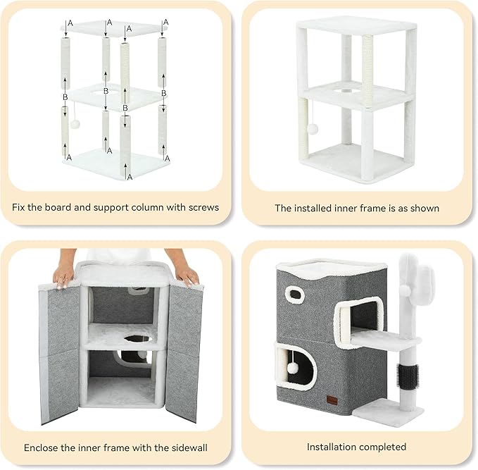 YIATHOME 2-Tier Cat House, Cat Beds for Indoor Cats, Small Cat Condo with Highway Cave, Scratch & Itching Post, Clmibing Stand, Modern Cat Cube Playhouse for Multi Kittens, Grey