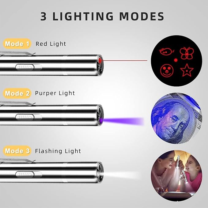 2 Pack Laser Pointer Cat Toy 7 Adjustable Modes Red Light to Amuse Pets Blue Light Can Check Money with Small Torch USB Rechargeable Metal Material