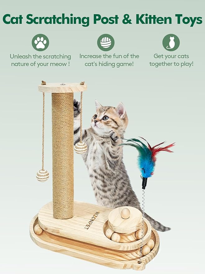 NZONPET Cat Scratching Post 16.54" Tall Scratch Post Premium Sisal Rope Scratch Posts for Kitten and Adult Cats All Natural Rope Wooden Ball Track Interactive Toy with Dangling Balls