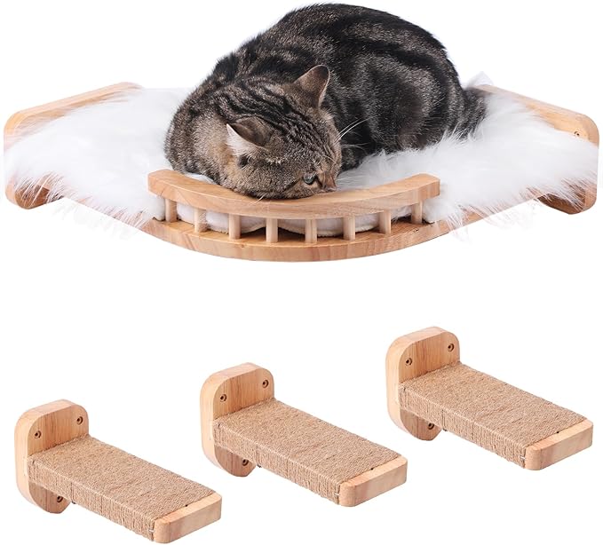 Cat Wall Shelves, Corner Cat Shelf with 3 Cat Wall Steps, Cat Shelves for Wall Large Cats Set, Cat Wall Bed with Plush Covered, Wall Mounted Cat Climbing Shelf for Indoor Cats (RubberWood)