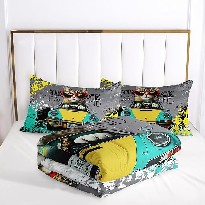 AILONEN Racer Cat Comforter Set Twin Size,Speed Racing Car Sport Bedding Set for Kids Boys,Cool Cat Hip-Hop Graffiti Printed Comforter with 2 Pillowcases,3 Piece