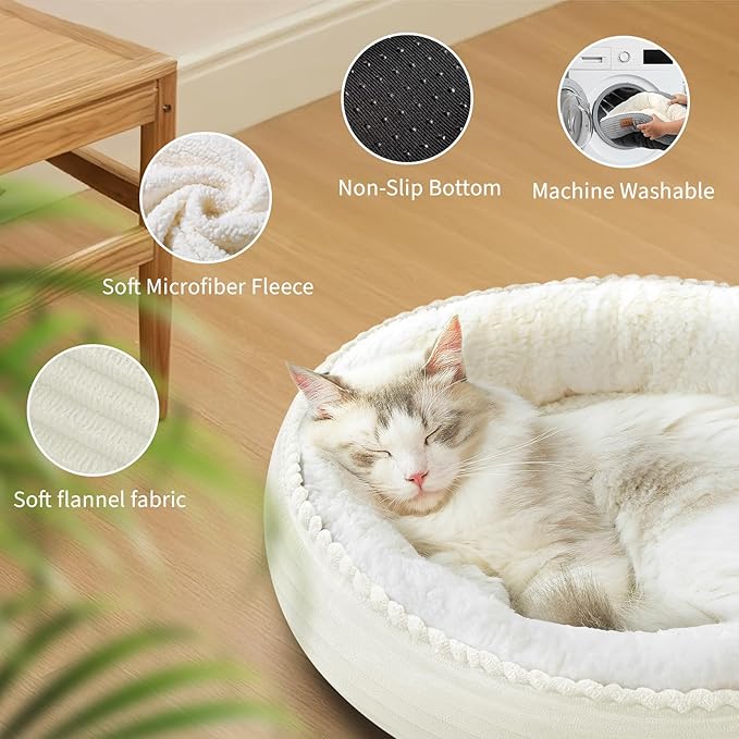 23in Cream Round Cat Dog Bed Gift for Large Medium Small Dogs Cats, Machine Washable Sleeping Sofa, Non-Slip Bottom Breathable Soft Calming Pet Cuddler for Indoor/Outdoor/Car/Cage