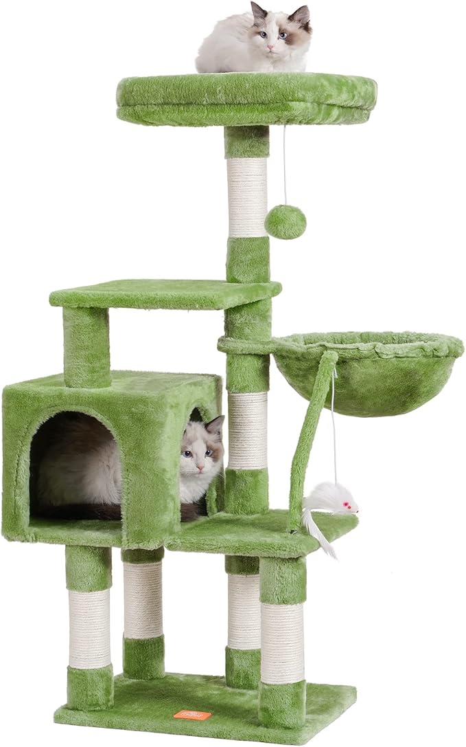 Heybly Cat Tree with Toy, Cat Tower condo for Indoor Cats, Cat House with Padded Plush Perch, Cozy Hammock and Sisal Scratching Posts, Green HCT004SGR