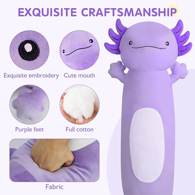22 inch Cute Giant Purple Axolotl Plush Soft Body Pillow, Large Squishy Plushies Axolotl Stuffed Animals Toy, Gifts for Kids Boys Girls Birthday