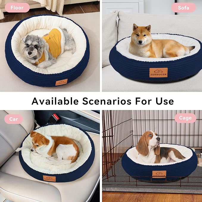 30in Round Cat Dog Bed for Large Medium Small Dogs Cats, Machine Washable Sleeping Sofa, Non-Slip Bottom Breathable Soft Calming Pet Cuddler for Indoor/Outdoor/Car/Cage, Navy Blue