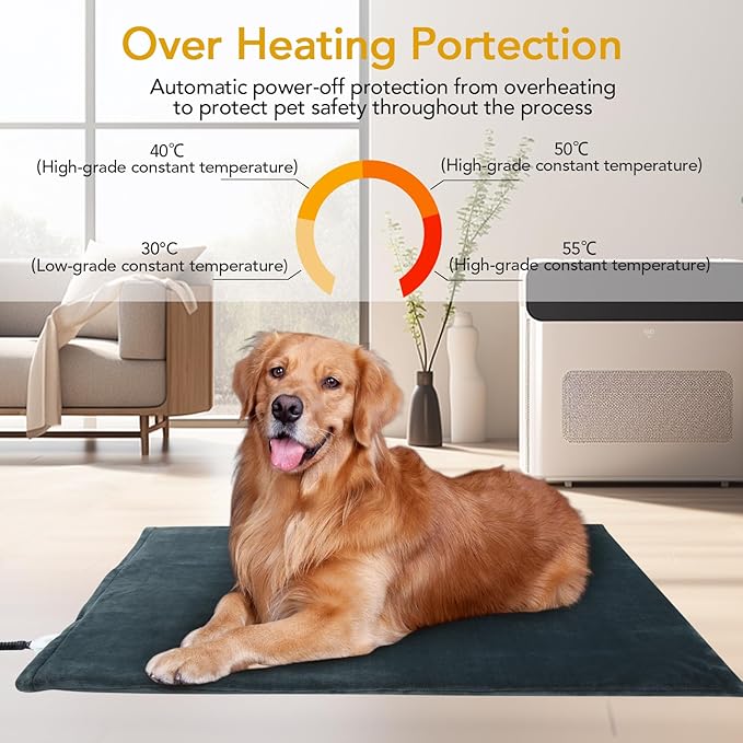 CAROMIO Pet Heating Pad, Faster Heating Electric Pads with Chew Resistant Cord Cat Heated Bed Pad, 6 Adjustable Temperature & 5 Timer Indoor Warming Heated Mat Safe for Dogs Cats- 28 x 16 Inch