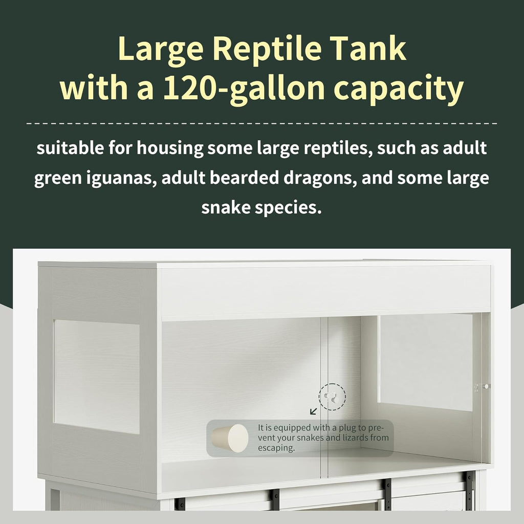 120 Gallon Reptile Terrarium with Stand, 4x2x2 Bearded Dragon Enclosure for Snakes Lizards, Large Vivarium Tank with Storage Cabinet, Acrylic Doors, Mesh Lid, Power Outlet White PX04RTWW