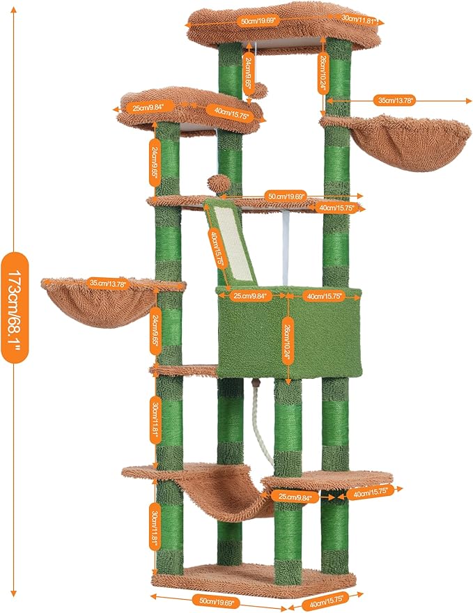 Heybly Cat Tree, 68 inch Multi-Level Cat Tower for Indoor Cats, 2 Widened Plush Perches Cat Condo with Scratching Board and Big Caves, HCT025CA
