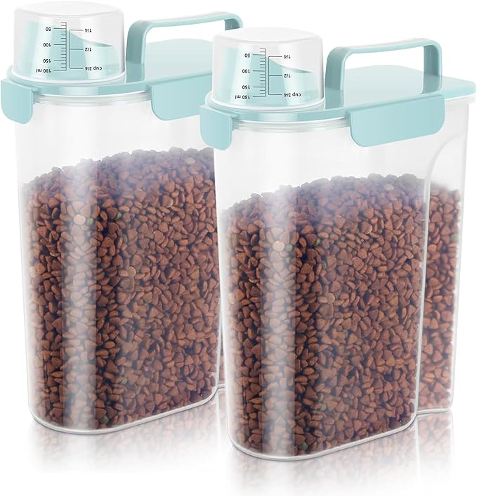 10LBS Dog Cat Storage Container Portable with Upgraded Large Spout and Cup,Plastic Pet Food Dispenser for Small Animal Kibble, Bird Seed,Oatmeal,Rice,flour,brown sugart-2 pack Light Blue