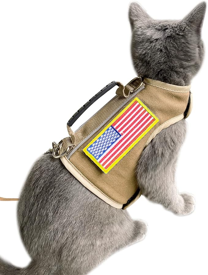 Tactical Cat Harness and Leash for Walking Escape Proof, Adjustable Cat Walking Jackets, Padded Stylish Cat Vest, Khaki, XX-Large