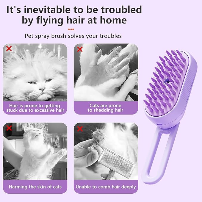 2 Pcs Cat Steam Brush,3 In 1 Spray Pet Grooming Brush,Water Brush for Cats Dogs,Upgraded Steamy Silicone Massage Grooming Brush,Pet Spray Hair Removal Comb,Anti-Static Steam Dog Brush(Purple & White)