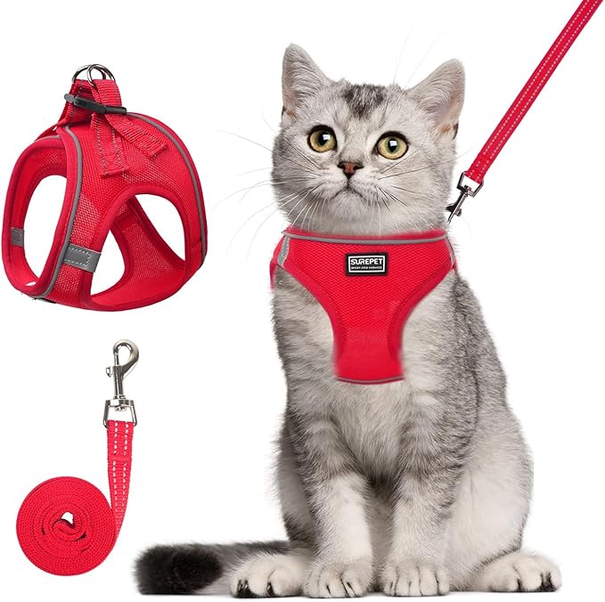 Cat Harness and Leash Set, Soft and Breathable Vest with Reflective Strip, Escape Proof Kitten Harness, Easy to Wear for Cats Walking and Traveling (Red, XS)
