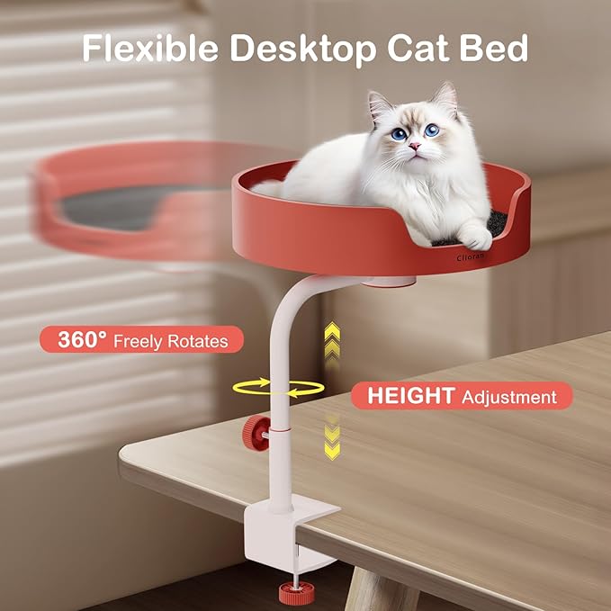 Cat Bed Desk Nest with Teaser,Easy Installation Shelf,Sturdy Frame,Removable Cushioned Cushion, Space Saving Design,Ideal for Side Table,Home Office,Fits Cats