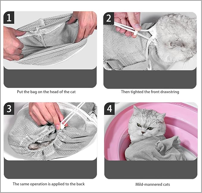 Adjustable Multifunctional Anti-Bite Shower net Bag，Cat Grooming Mesh Bag, Cat Bathing Bag，Cat Bath Brush and Pet Finger Toothbrush (B-Grey)
