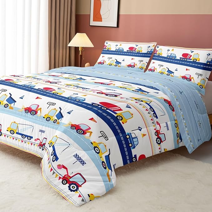Axolotl Cartoon Cars Comforter Set Queen,Vehicle Bedding Set,Kids Excavator Comforter Set,Construction Bedding Equipment Trucks Comforter Sets for Kids Boys Girls Teens,1 Quilt 2 Pillowcases,Blue Red