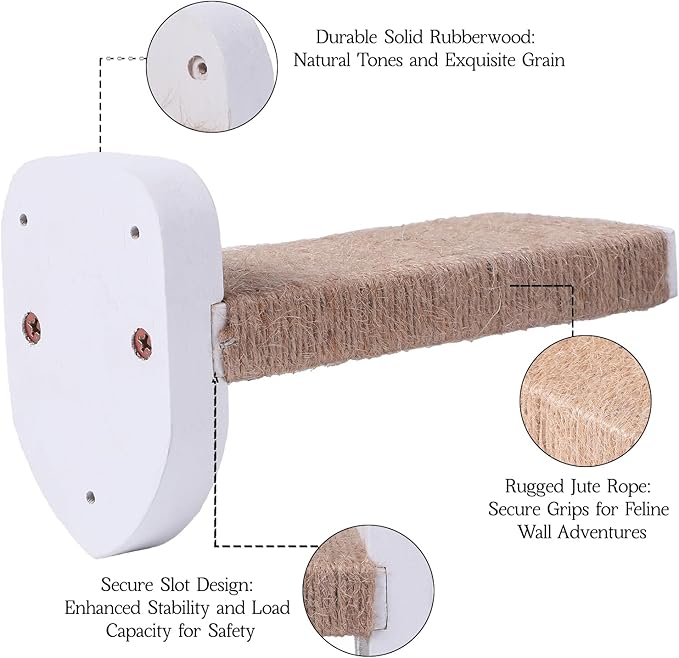 3pcs Cat Wall Steps, Cat Climbing Wall Mounted Cat Furniture, Cat Wall Shelves Cat Steps for Wall with Hemp Rope Covered, Solid Wood Cat Ladder for Cats Playing and Climbing (Standard-White)
