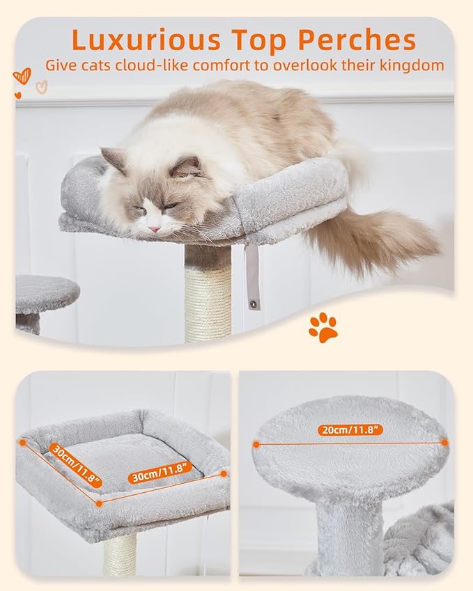 Taoqimiao Cat Tree, 48-Inch Cat Tower for Kittens, Cat Tree Tower with 5 Scratching Posts, Plush Cat Condo with Plush Perch, 2 Hammock, Pompoms, Light Gray MS019L-W