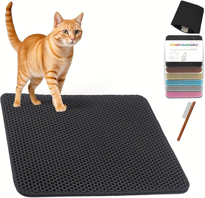 2025 𝗡𝗘𝗪 Waterproof Cat Litter Mat | Double Layer EVA, Odor-Free Large Grid | Urine Proof & Easy Cleanup | Soft on Paws | Versatile Design for Litter and Feeding (Black, 22×31)