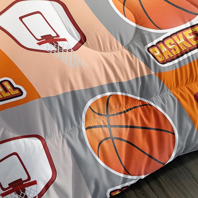 Basketball Bedding Kids Comforter Set Full Size,Sports Style Basketball Printing Bedding Set for Teens Boys Room Decor,Ball Sports Games Comforter Set Soft Kids Bedding with 2 Pillowcases.