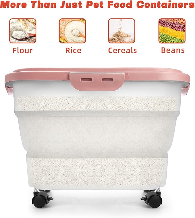 Airtight Pet Food Container, Collapsible Dog Food Storage Container 17-20 lb with Castors, Plastic Dog Food Bin with Pet Food Scoop & Measuring Cup for Dry Food Storage(red)