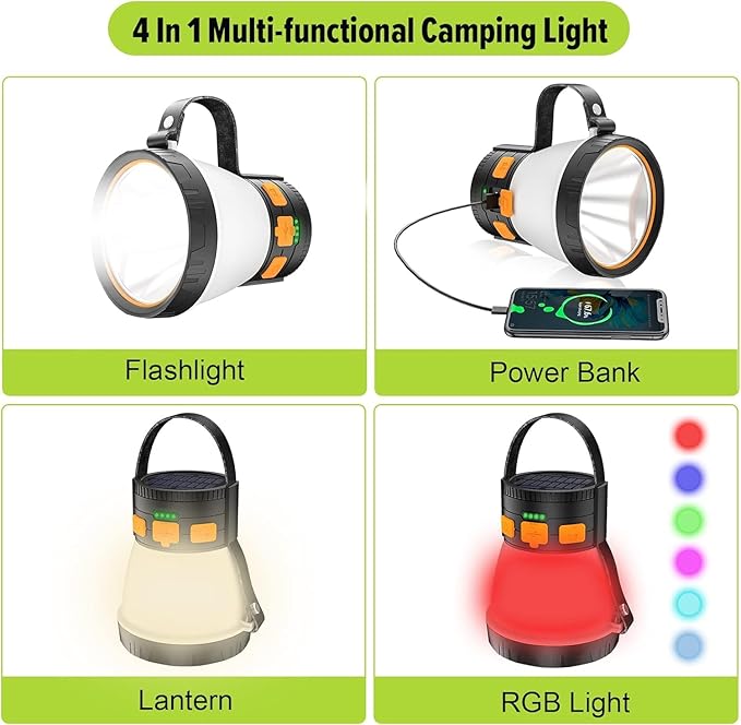 4 Pack LED Camping Lantern, 1500 Lumens Camping Lantern Rechargeable with Solar Panel Charging, Waterproof, 8 Light Modes, 7500mAh Power Bank, Camping Flashlight for Hurricane Emergency, Outdoor