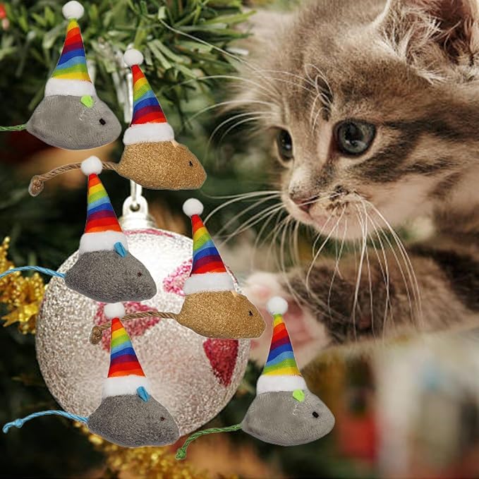 6-Pack Christmas Catnip Cat Mice Toys with Rainbow Santa Hats Interactive Cat Toys for Indoor Cats Kittens, Christmas Thanksgiving Cat Toy Gift