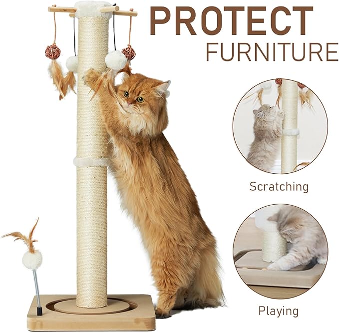 PEEKAB Cat Scratching Post 33 Inches Tall Large Sisal Scratch Post with Track Ball Toys for Indoor Cats and Kittens,Cat Scratcher Toy Beige
