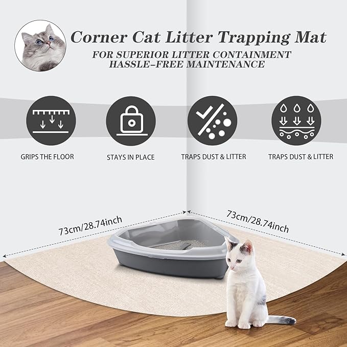 2 Pcs Corner Cat Litter Mat 29 Inch Litter Mat for Corner Machine Washable Litter Mat Ridged Design Fan Shaped Cat Litter Mat Absorbent Cat Litter Rug for Box Less Waste Space (Beige White)