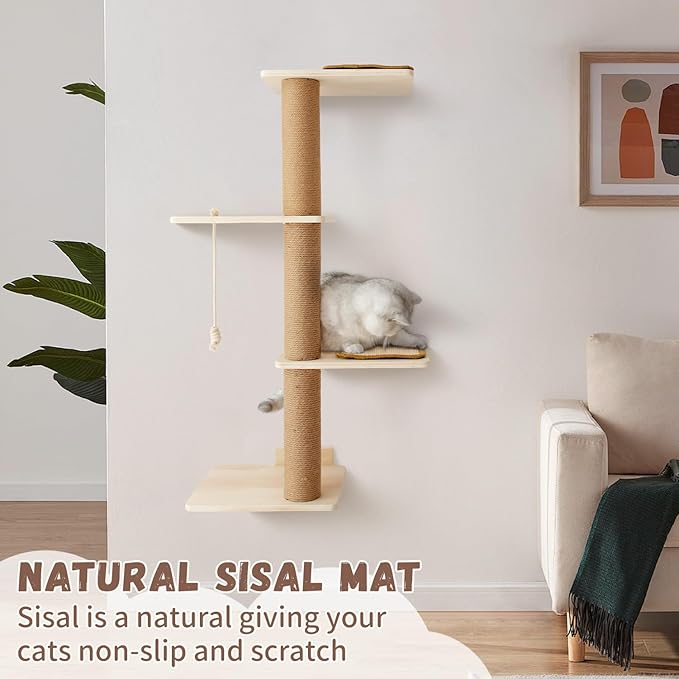 Cat Scratching Activity Tree Cat Climbing Tall, Wall Mounted Cat Climbing Tower 4 Tier, Natural Sisal Rope Cat Scratching Post