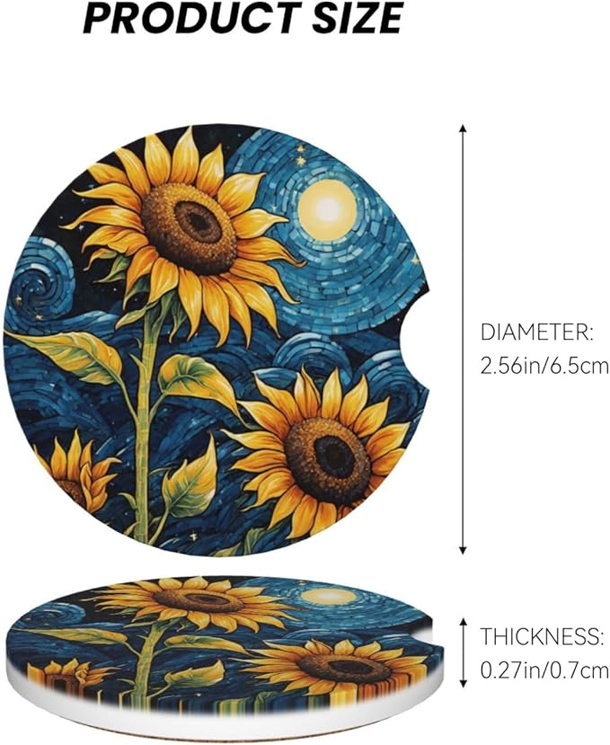 Absorbent Ceramic Car Coasters for Cup Holders, Sunflower Starry Sky Oil Painting Design 2.56" Anti Slip Universal Drink Cup Coasters for Women Men (2 Pack)