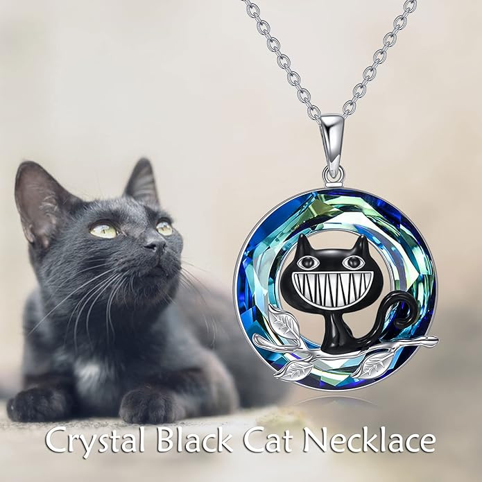 AXELUNA Black Cat Necklace 925 Sterling Silver Kitten Pendant Circle Crystal Necklace Cat Jewelry Gifts for Women Girls Girlfriend Animal Lovers