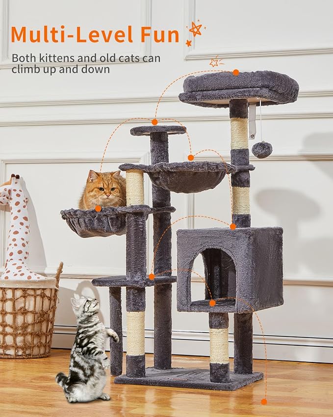 Taoqimiao Cat Tree, 39.4-Inch Cat Tower for Kittens, Cat Tree Tower with 5 Scratching Posts, Plush Cat Condo with Plush Perch, 2 Hammock, Pompoms, Smoky Gray MS019G