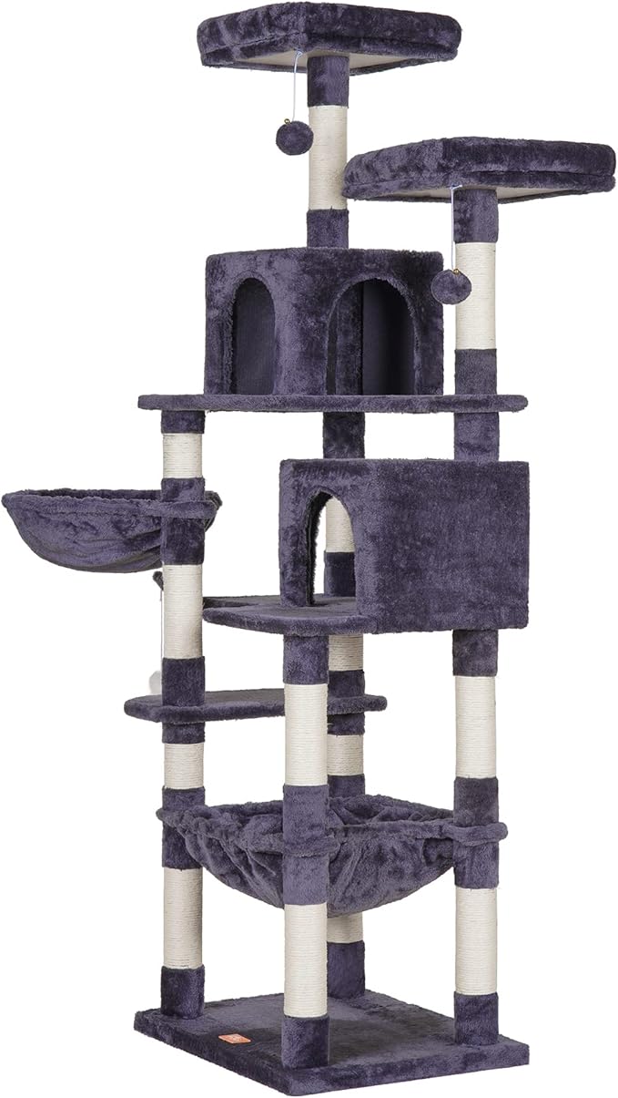 Heybly Cat Tree, 70 inches Tall Cat Tower condo with Toy for Indoor Large Cats, Cat House Furniture with Padded Plush Perch, Cozy Hammock and Sisal Scratching Posts,Smoky Gray HCT032G