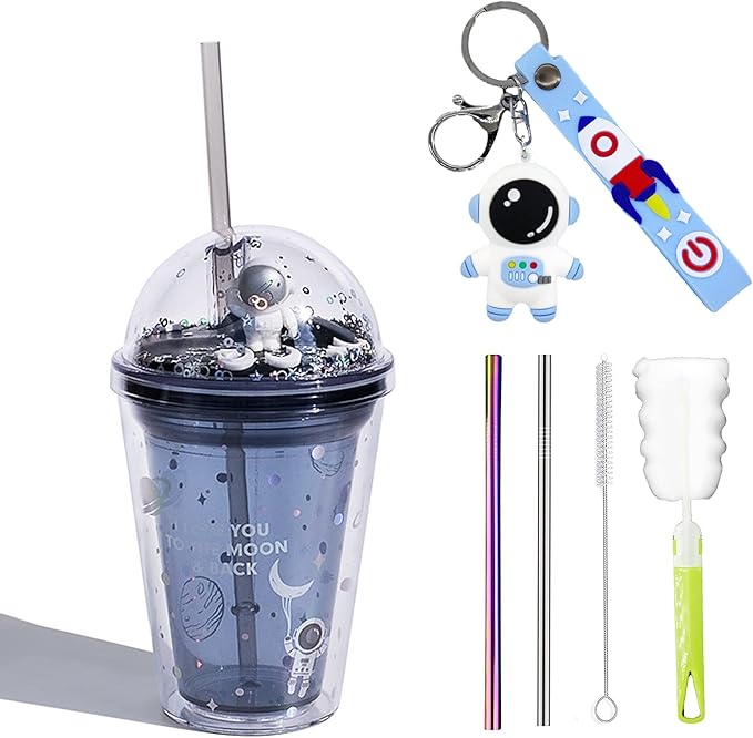 Astronaut Travel Tumblers with StrawSpace Boy Party Cups Cups Gift Reusable Plastic Cup Water Bottle Birthday Gift (Astronaut gray, 380ml)