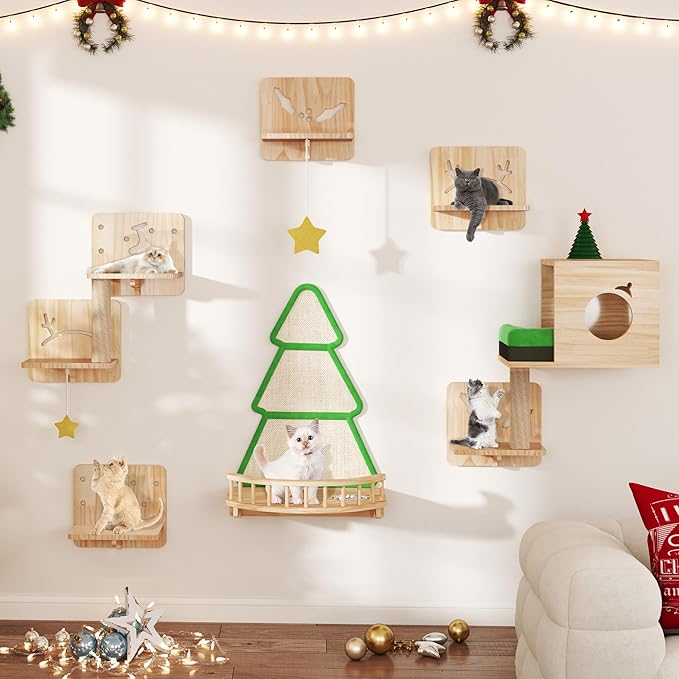 YITAHOME Christmas Solid Wood Cat Wall Shelves and Perches for Wall, Pine Wall Mounted Cat Tree 13 Piece Set, Cat Climbing Shelves with House, Mat, Christmas Tree Scratcher, Feeding Bowl for Cats