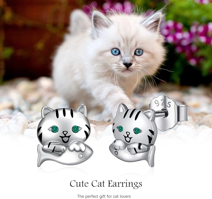 925 Sterling Silver Cat Earrings Cute Animal Kitten Stud Earrings cat Jewelry Gifts for Women Girls Hypoallergenic Earrings for Sensitive Ears