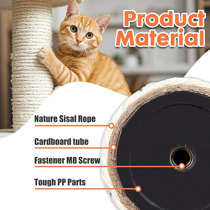 PowerKing Natural Sisal Replacement Scratching Post, 4 Pieces M8 Cat Scratch Post Refill Pole Parts for Refurbishment, White, Include Screws, 15.74''+11.88''+7.87''+3.93''
